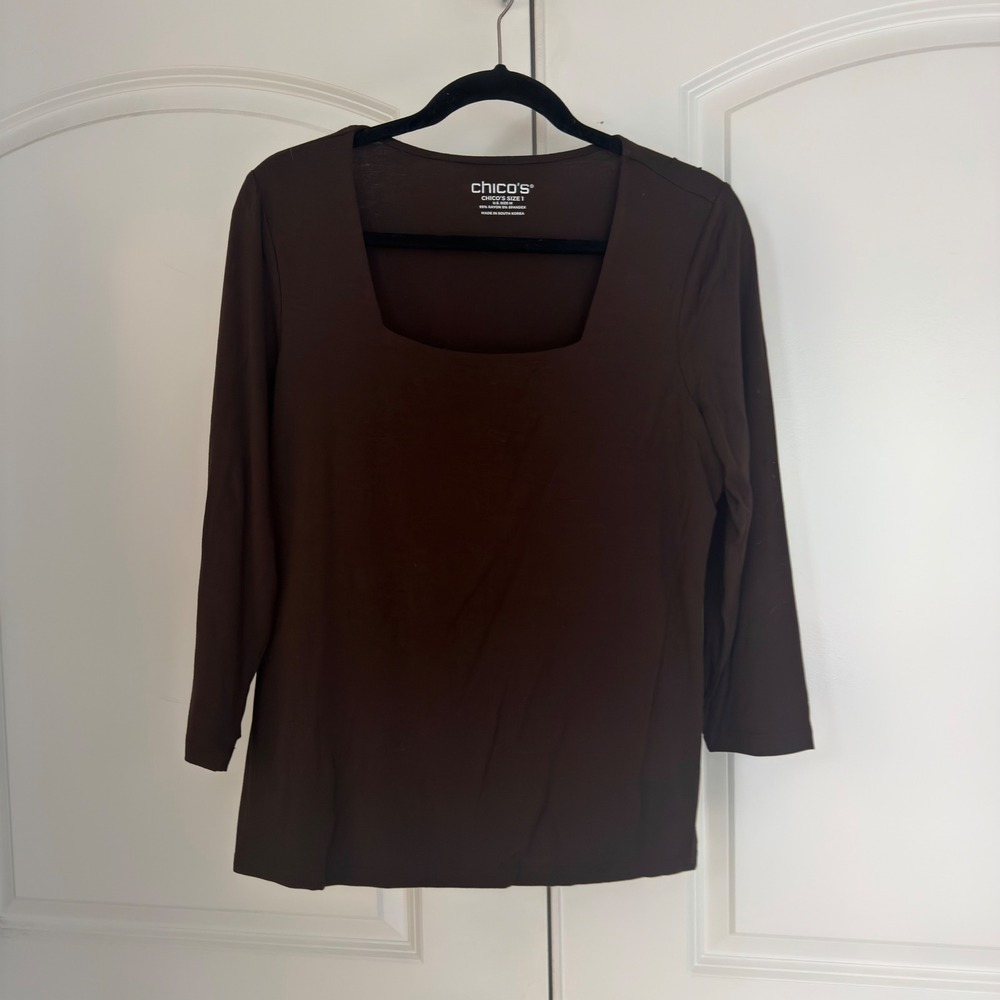 Chicos Size 1 Brown Square Neck 3/4 Sleeve Rayon Spandex Top Womens Medium